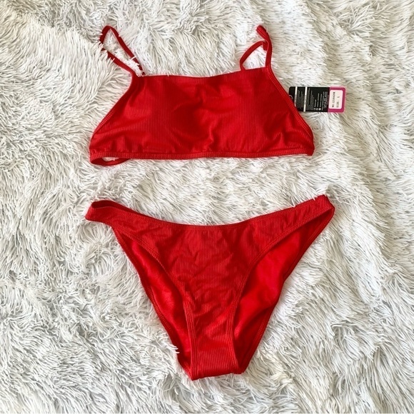 NWT SHEKINI Red Ribbed Halter Cheeky Bikini - Picture 4 of 12